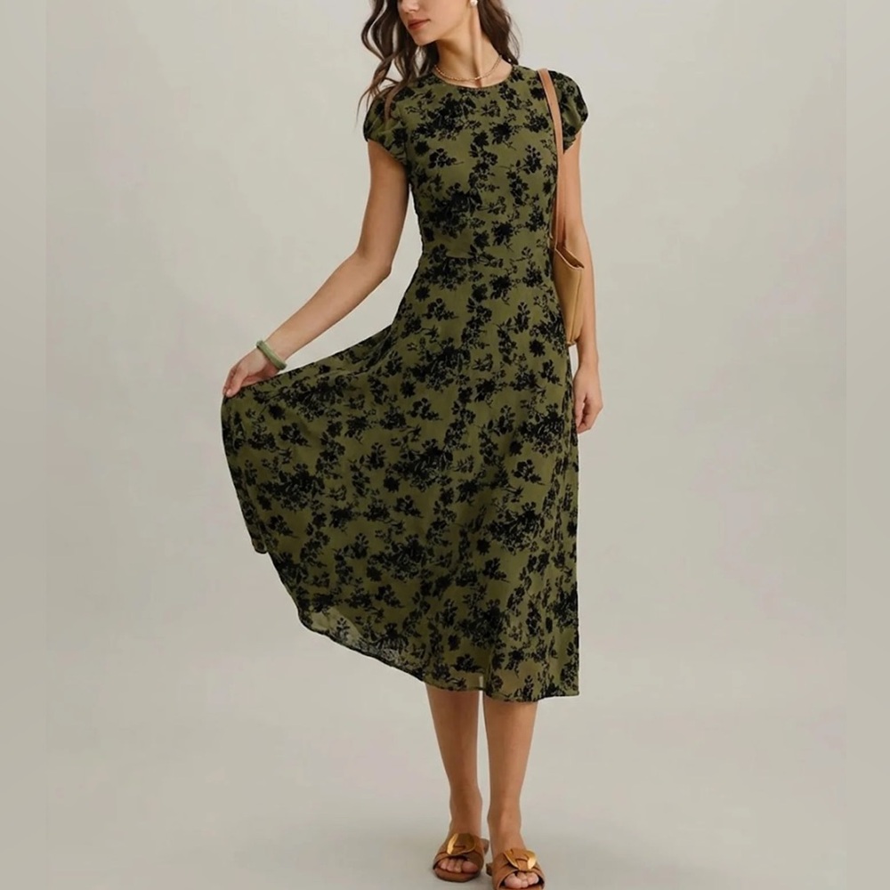 RIHOAS Olive Green Floral Midi Dress with Black Print